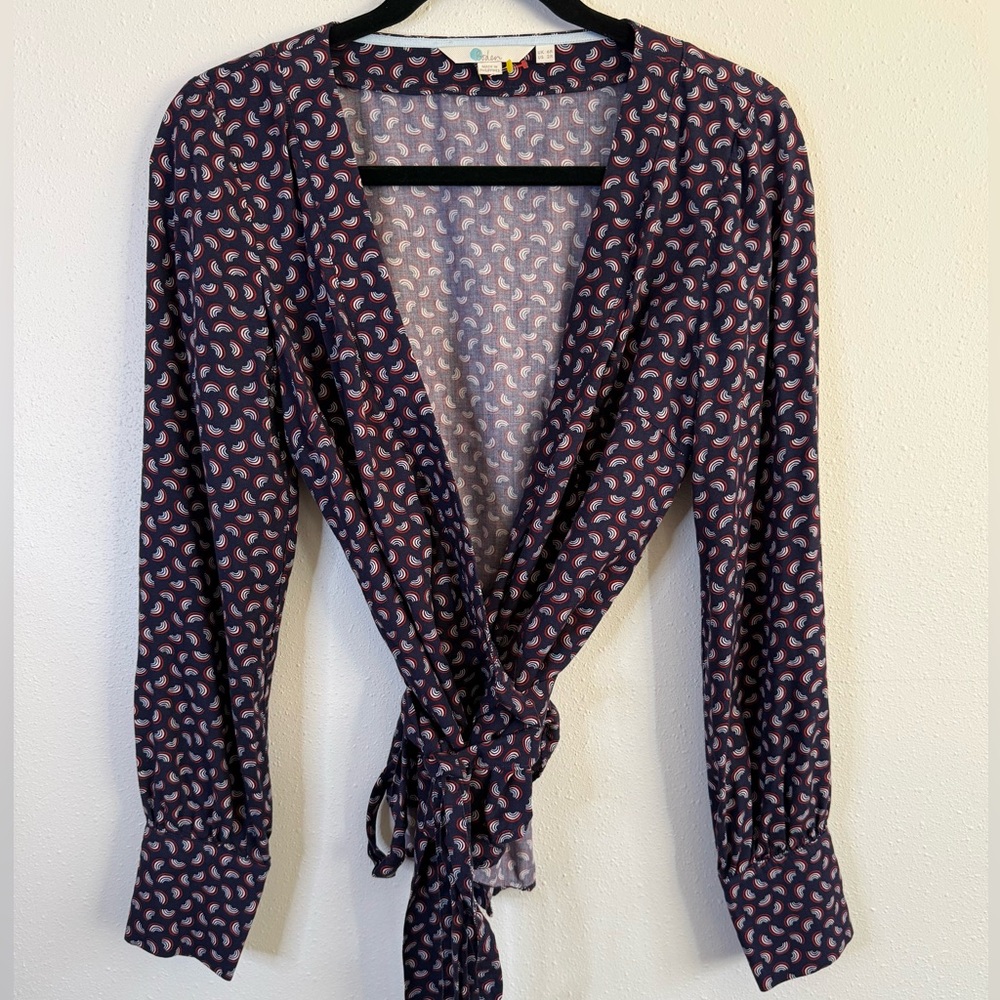Boden Navy Print Wrap Top Tie Waist Long Sleeve 2R